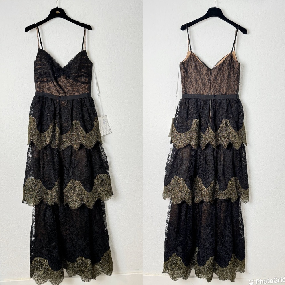 NWT MARCHESA NOTTE SLEEVELESS METALLIC SCALLOP LACE GOWN IN BLACK - Picture 3 of 11